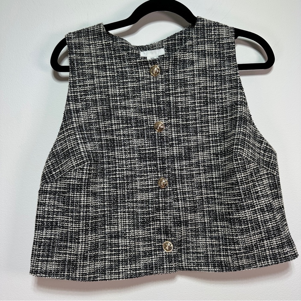 H&M Bouclé Tweed Tailored Vest Sleeveless Button Front Black White Size M Casual